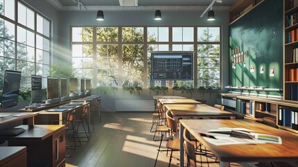 Fototapete - A contemporary classroom with large windows, sunlight streaming in, interactive panels, and desks for students, creating a bright and inviting learning space. Generative AI