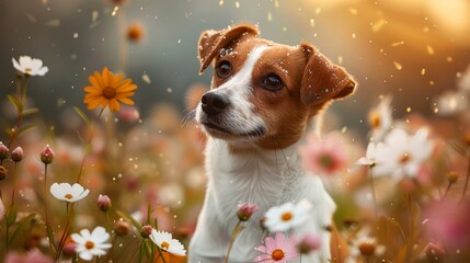 Wall Mural -  a jack russel dog relaxing in a field of flowers