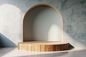 Wall Mural - Arch pedestal against a minimalist background featuring gentle lighting and smooth shadows, perfect for product display or backdrop usage.