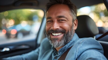 Mid adult man smiling while driving car and looking at mirror for reverse. 