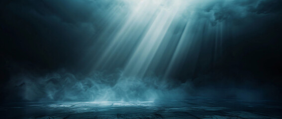 Mysterious underwater scene with sunlight streaming through the water, illuminating the ocean floor and creating an ethereal atmosphere.