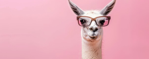 A camel wearing glasses and a pink background. Free copy space for text.