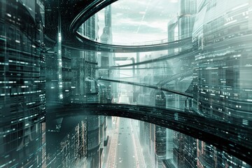 Wall Mural - Abstract visualization of a futuristic cityscape with integration of technology in modern urban environment. Ai generative