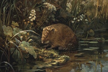Wall Mural - A wild little water vole having a munch on some crows foot weed