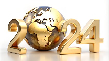 2024, New Year's date, numeral, authored by an unknown English tool, the Golden Planet Earth, isolated on white, - 3D illustration.



