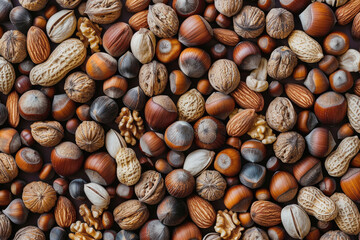 Wall Mural - Assorted nuts with shells forming a rustic background