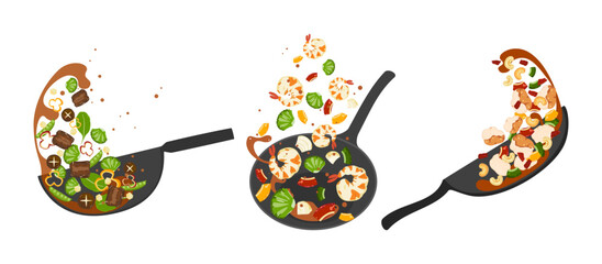 Vegetable stir-fry cooking set healthy food concept Vegetables are flying out of the pan. Cooking process vector illustration, flipping Asian food in a pan. Cartoon style. Flat. Easy to edit.