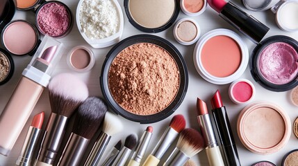 A wide range of makeup products spread out, including brushes, blush, and foundation