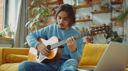 Canvas Print - Person playing on guitar at home. 