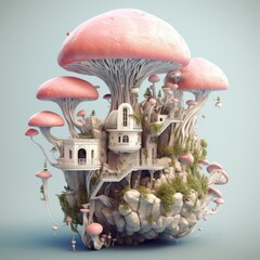 Wall Mural - Fantasy World 3D Model Mushroom Style House Created with Generative AI Technology