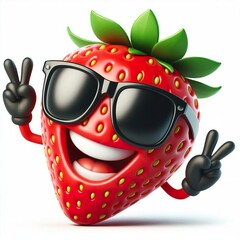 Sticker - 3D cartoon of a Happy strawberry fruit wearing sunglasses isolated white background