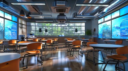 Fototapete - A contemporary classroom features modern furniture, interactive panels, and AI assistants, creating an engaging learning environment. Generative AI