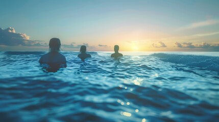 Wall Mural - Serene Sunset Swim: Friends Enjoying Ocean at Dusk