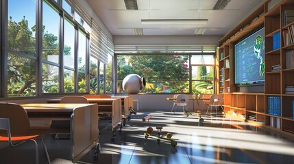 Fototapete - A contemporary classroom or study space featuring interactive panels and AI assistants, creating an engaging and innovative learning environment. Generative AI