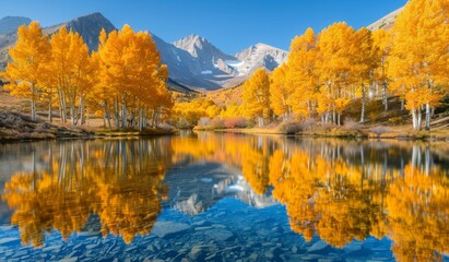 Sticker - A tranquil mountain lake surrounded by golden aspen trees reflecting on the water's surface, under a crisp, clear autumn sky
