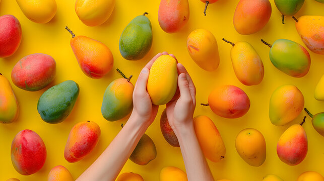 hand holds mango and background is full pattern of mangoes