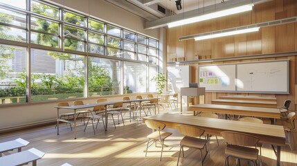 Poster - A contemporary classroom with large windows, wooden desks, and a whiteboard. The room has a modern and inviting design. Generative AI