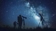 © Paul - Silhouettes of astronomers with telescopes studying the starry sky, the Milky Way illuminating the dark night, ambiance scene, raw texture