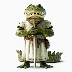 Strong Alligator Knight holding sword. Crocodile warrior isolated on white backgrund