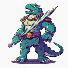 Wall Mural - Powerful Alligator warrior cartoon with weapon isolated on white background. Crocodile knight cartoon