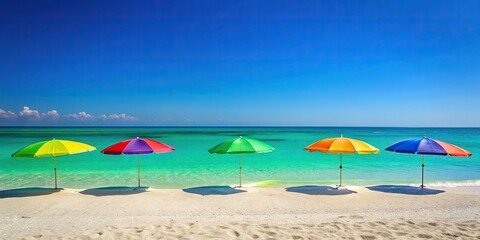 Wall Mural - Vibrant summer beach scene with clear blue sky, turquoise water, and colorful umbrellas, summer, beach, vacation, sun, waves