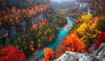 Sticker - A breathtaking overlook of a forested canyon, where the fall colors range from deep reds to bright yellows, with a clear blue river running through the bottom