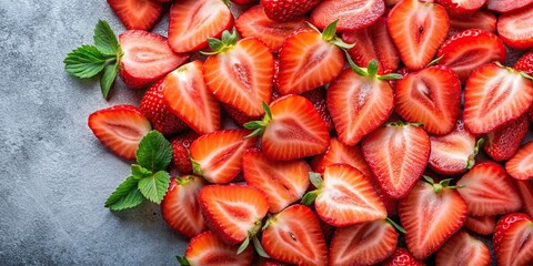Wall Mural - Top-down view of a pile of fresh sliced strawberries , strawberries, fruit, red, healthy, organic, sweet, vibrant