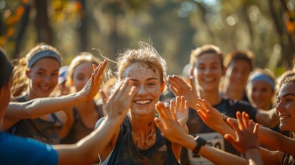 Wall Mural - The running team high-fived each other energetically, their excitement palpable as they celebrated their victory in the race. 