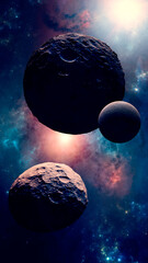 Wall Mural - sun from another galaxy and exoplanets, stars and planets from distant universes. 3d rendering