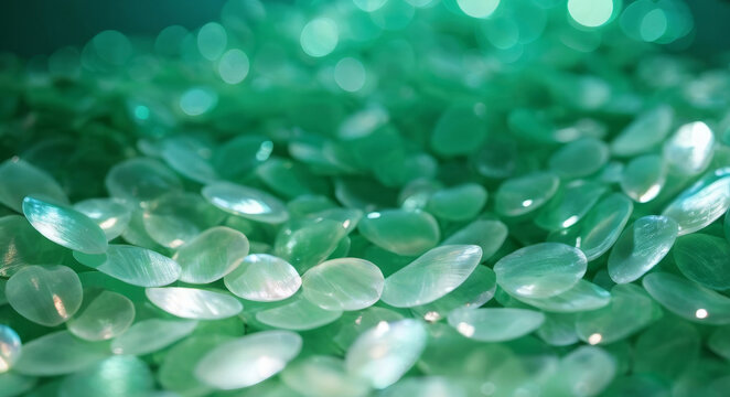 numerous transparent green mother-of-pearl capsules, piled up and illuminated by soft light, summer juicy background