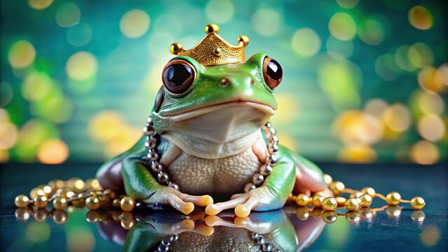 Frog wearing royal crowns and necklaces, amphibian, animal, wildlife, crown, royalty, jewelry, elegant, fancy, regal, fantasy