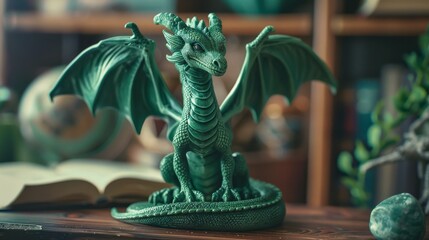 Wall Mural - Green Dragon Figurine with Detailed Scales, Generative AI