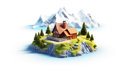 Small cozy house on the island with pine trees and mountains in the background.