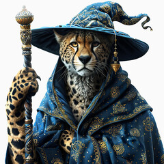 3D Cheetah wizard cartoon wearing magic robe and magic hat. Realistic Cheetah magician.