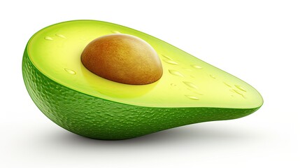 Wall Mural - A photo of a green avocado cut in half with a brown pit. The avocado is sitting on a white surface. The avocado is ripe and ready to be eaten.