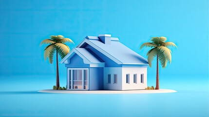 A small blue and white beach house sits on a sandy beach. The house has a blue roof and white walls. There are two palm trees in front of the house.