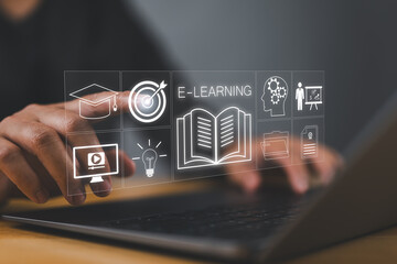Leinwandbilder - e-learning on a laptop. learning icon, library on the internet website. concept of lesson learning e-book training digital online. course education in webinar technology