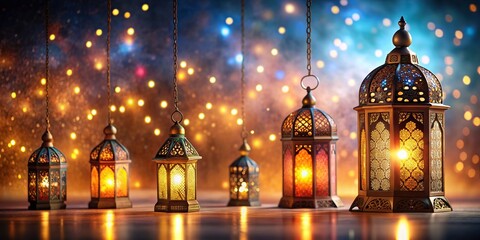 Eid Mubarak and Eid al Adha lanterns in a festive light background, Islamic, celebration, Eid Mubarak, Eid al Adha