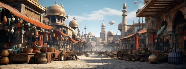 Beautiful Arabian Style Ancient City in Sand Desert with Clouds Birds in Sky Created with Generative AI Technology