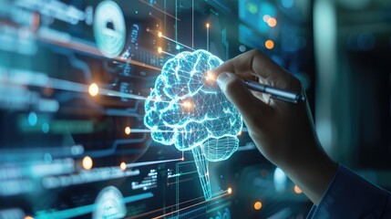 Wall Mural - Hands using laptop with polygonal brain interface. Artificial intelligence and technology concept. Double exposure,Artificial intelligence (AI), machine learning and modern technology concept
