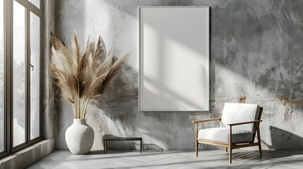 Wall Mural - An empty rectangle frame mockup in white, placed on the wall of modern living room with concrete walls and a chair beside it, pampas grass inside vases next to them.