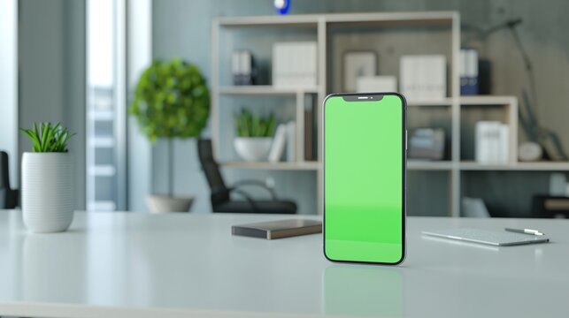 Modern smartphone with green screen on white desk, office concept, mockup.