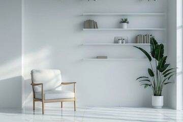 Wall Mural - White living room with armchair and shelves