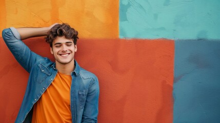 A young man in casual clothes leans on a brightly painted wall, exuding style and casual confidence