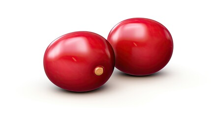 Two shiny red spheres with brown stem end on a white background. The spheres are close together on the left side of the image.