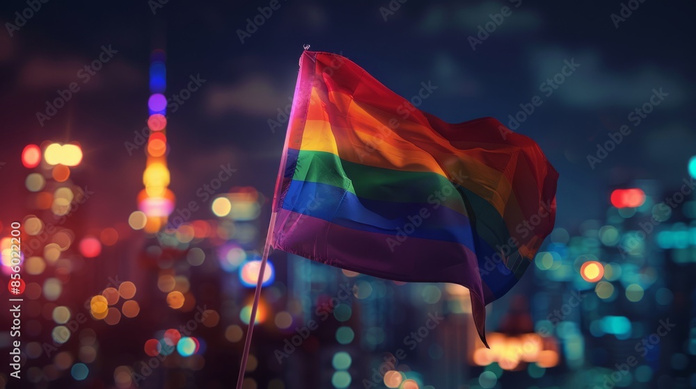The rainbow flag waves in the wind with bokeh lights and a blurred ...