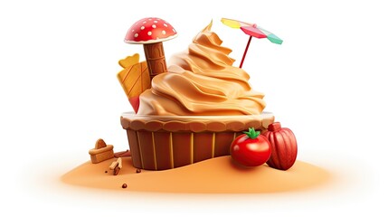 3D rendering of a delicious dessert with a mushroom, an umbrella, and a tomato on the sand. The perfect treat for a hot summer day.