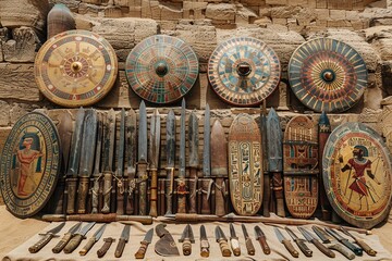 Wall Mural - Explore the historical depiction of Ancient Egyptian weaponry during the Middle Ages, featuring traditional arms such as swords, spears, and shields used by warriors in battle.