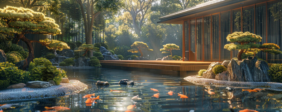 A tranquil Japanese garden with meticulously manicured bonsai trees and a koi pond.
