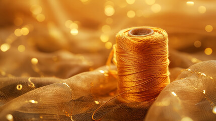 Wall Mural - A gold colored thread is sitting on a piece of fabric. The thread is long and thin, and it is surrounded by a patterned fabric. Golden thread spool with thimble on shiny chiffon material